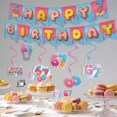 39Pcs Multi-Size Thick Cardstock Sweet Donut Ice Cream Dessert Theme Birthday Party Decor Kit, Pink Blue Sprinkles Color Skeleton Six Seven Print Happy Birthday Banner Hanging Swirls Cake Cupcake Toppers Backdrop, Now I'm Six 7th Birthday Sweet Dessert Party Supplies For Birthday Baby Shower Sweet Summer Dessert Party Indoor Outdoor Photo Booth Background