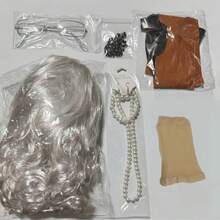 8件套复古奶奶装扮配饰套装，包括带发网的假发、带链眼镜、珍珠项链、充气拐杖、手镯和耳环，适合狂欢节面具派对、万圣节和舞台表演。 - 彩色 - 查看 7