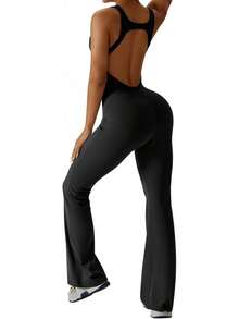Women's Flared-Leg Jumpsuit With Built-In Bra, Openwork Back, Sportswear, Sleeveless Jumpsuit, Fitted Casual - màu đen - Xem 4