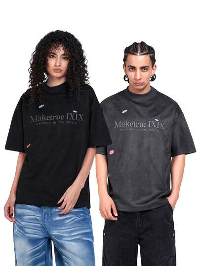  MT99 Vintage American Style Suede Embroidered Short Sleeve Heavyweight Versatile Unisex T-Shirt