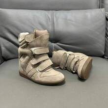 ISA The 2026 New Wedge Sports Shoes Feature A Combination Of Beige Suede And Leather, With A Retro High Top Design And Convenient Closure! 5cm Hidden Wedge Heel, Height Increasing And Comfortable, Suitable For Daily Commuting And Casual Wear - Màu nâu - Xem 5