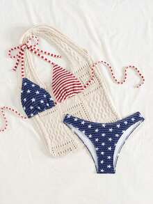 Swim Mod 2pcs/Set Women's Beach Summer Vacation USA Flag Print Halter Backless Top And Side Strap Swim Bottom 4th Of July Bikini Set - Nhiều màu 2 - Xem 9