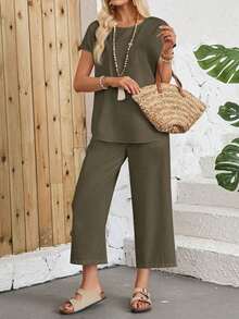 Conjunto Dos Piezas Mujer Blanco, Blusa Cuello Redondo Mangas Cortas Holgada, Pantalones Largos Anchos Culotte, Tejido De Lino Ligero Fresco Transpirable, Estilo Minimalista Boho Natural Chic Ideal Para Looks Diarios Veraniegos Y Vacaciones - Verde militar - Ver 5