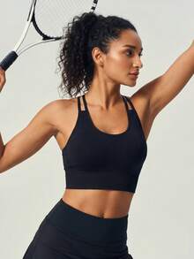 UONNOU Cross-Back Sports Bra, Seamless Long Fitness Top - Black - View 9