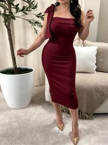 Women's Fashion One-Shoulder Bow Sleeveless Bandeau Fitted Dress, Women's All-Season Dress, Women's Elegant Dress, Women's Dress - Burgundy - View 4