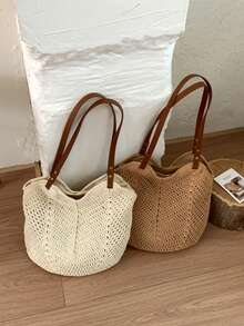Sac en crochet ajouré ivoire/kaki, sangle en PU + décoration de perles en bois floral, sac à bandoulière décontracté pour les vacances à la plage & les trajets, sac sous le bras en maille fait main, sac fourre-tout de style bohème, sac de shopping d'été pour la plage - Multicolore - Voir 6