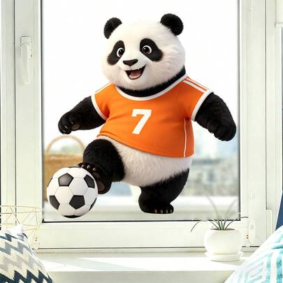 1pc Cartoon Football Panda Static Cling Window Sticker, Glueless Self-Adhesive Wall Decor Suitable For Kitchen, Living Room