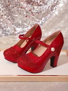 11.3cm Super High Heel Round Toe Pumps, Thick Platform, Patent Leather Patchwork, Pearl Buckle, Large Size Cheongsam Wedding Party Shoes For Women - Red - View 5
