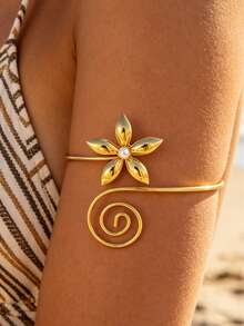 18K Gold/Silver Plated Floral Swirl Open Cuff Bracelet (With Pearl Accents), Bohemian Style Resort Stainless Steel Waterproof Ocean Theme Arm Cuff (2 Colors Available) For Women - Gold - View 9