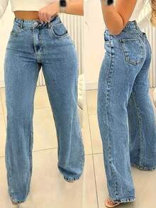 Quần jeans nữ dáng rộng, ống thẳng, kiểu dáng cơ bản, có túi. - Rửa trung bình - Xem 3