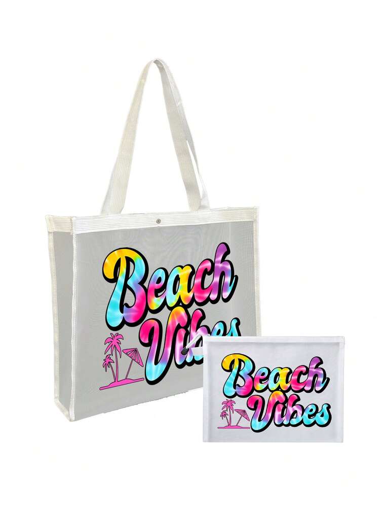 Mesh Tote Bag And Small Bag Set, Decorated With Colorful "Beach Style" Patterns, Includes One Tote Bag, One Beach Bag, One Hawaiian Style Transparent Storage Bag, One Travel Toiletry Bag, One Beach Tote Bag, One Casual Vacation Bag, One Cosmetic Storage Bag, Essential Summer Item, Perfect For School, Vacation, Holiday And Back To School, Also Great Gift For Friends And Teachers, Birthday Gift, Party Gift, Summer Gift, Vacation Gift, Holiday - Multicolor - View 12