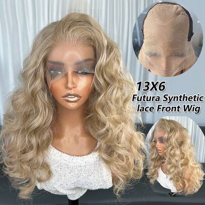 طقم شعر مستعار صناعي من الكانيكالون فيوتشر طويل 22 بوصة مموج، 13x6 دانتيل، لون ذهبي، كثافة 150%، لا يحتاج إلى صمغ، ألياف مقاومة للحرارة، مناسب للاستخدام اليومي والحفلات والمناسبات للنساء