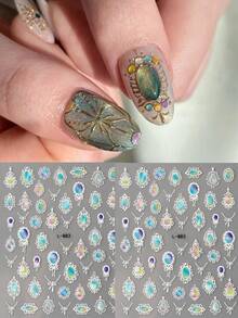 2pcs Vintage Gemstone Pattern Nail Stickers, Includes Retro Heart Shape And Oval Totem Designs, 3D Self-Adhesive Nail Art Decals, Vibrant Colors, Suitable For Personal And Nail Salon Use - Multicolor - View 7
