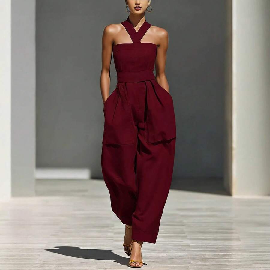 2026 New Style Linen Blend Cross Strap Loose Fit Women Jumpsuit Casual Summer Beach Playsuit High Waist Wide Leg Romper For Vacation Daily Wear - 酒紅色 - 查看 1