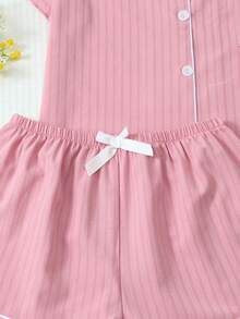 2pcs Comfortable Striped Print Short Sleeve Polo Collar Top And Bow Shorts Pajama Set For Women, Spring/Summer - Pink - View 6