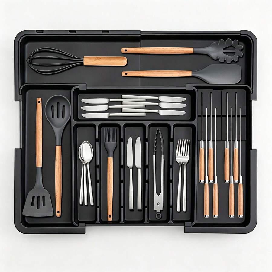 1pc Adjustable Silverware Organizer - Kitchen Expandable Cutlery Tray, Silverware Drawer Organizer For Kitchen And Dining Room To Store Spoons, Forks, Knives, And Spatulas - Multicolor - View 1