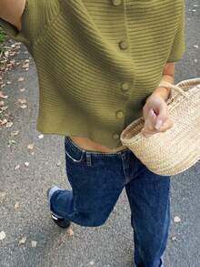 Áo cardigan dệt kim tay ngắn cài cúc phía trước dành cho nữ, kiểu dáng ôm vừa vặn, cổ áo, phong cách thường ngày. - Màu xanh Ô liu - Xem 4