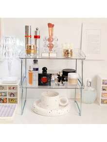 Transparent Tiered Storage Rack, Organizes Desk Items Like Stationery, Books, Cosmetics, Fully Utilizes Vertical Space For A Tidy Desk. Suitable For Study, Vanity, Office Desk Etc. The See-Through Design Creates A Fresh And Visually Appealing Effect. - White - View 5