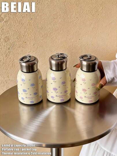 1 stuk 300 ml handbeschilderde dubbelwandige roestvrijstalen geïsoleerde drinkbeker met roze rozenmotief, platte bodem, zakbeker, reisbeker, waterfles, geschikt voor buiten, kantoor, thuis, school, reizen, verjaardagscadeau, vakantiecadeau, Moederdagcadeau, Vaderdagcadeau, terug naar school, Valentijnsdagcadeau