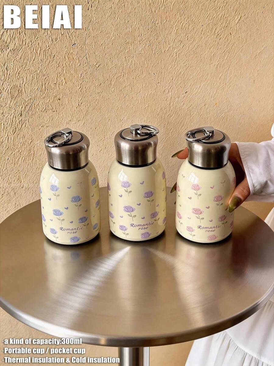 1 Stück 300ml handbemalter Thermobecher mit rosa Rosen-Motiv, doppelwandig aus Edelstahl, flacher Boden, Tasse mit Griff, Reisebecher, Wasserflasche, geeignet für Outdoor, Büro, Zuhause, Schule, Reisen, Geburtstagsgeschenk, Feiertags-Geschenk, Muttertags-Geschenk, Vatertags-Geschenk, Einschulung, Valentinstags-Geschenk - Verschiedenfarbig - Übersicht 1