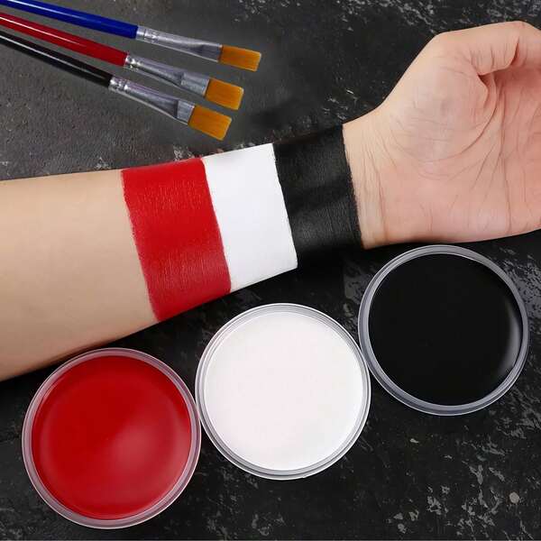 Bộ 3 màu vẽ dạng bột hòa tan trong nước, độ bão hòa cao, kèm 3 cọ vẽ, thích hợp cho Halloween, Giáng sinh, lễ hội hóa trang, tiệc tùng, trang điểm biểu diễn sân khấu.