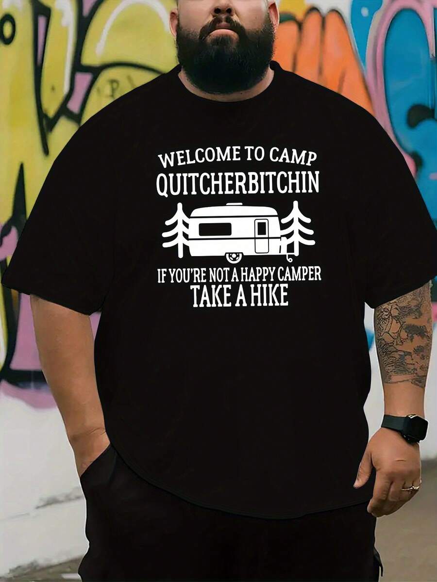 2026.Tops. T-shirt à manches courtes pour hommes avec motif amusant de camping - Design "Bienvenue au camp Quitcherbitchin" - Coupe régulière, col ras-du-cou, décontracté - Polyester, léger et confortable, convient pour le printemps, l'été, l'automne, grande taille pour tenue d'été pour hommes. - Noir - Voir 1
