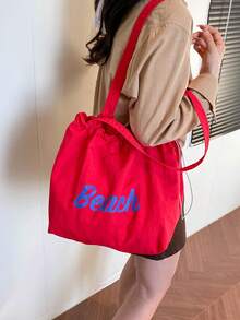 Bolsa con cordón 2026 nueva, bolsa de hombro de lona de gran capacidad, estampado de letras japonesas, material de nailon, bolsa de mano, adecuada para ir al trabajo - Rojo - Ver 6