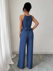 Women& # 39;S Casual Blue Wrinkled Fabric Sleeveless Halter Beaded Waist Twist Design Straight Jumpsuit Tie Bow Design At Back, Spring And Summer Royal Blue Group Purchase Sky Blue Group Buy Cerulean Blue - Màu xanh nhạt - Xem 9