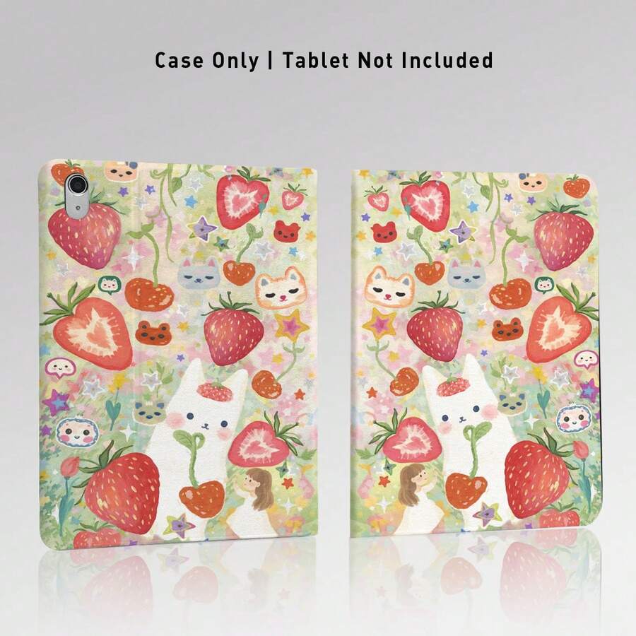 1pc Strawberry, Cat & Star Pattern Flip Cover Tablet Case With Pen Slot, Compatible With Honor Pad 8/9/10, Honor GT 11.5inch/X7/X8A/X9/X8Pro/X9Pro/V9/V8 Pro, Matepad 11 Inch 2023/2022, Apple 10th Gen/ 11 2025 (A16), A9/A9+/A11/S11/S10 FE+, Auto Sleep/Wake Function, Suitable For School Season, Valentine's Day, Holiday Gifts - Multicolor - View 1