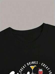100% cotton Camisa de manga corta estampada con letras y patrón de concha para damas - Negro - Ver 3