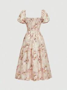 MOD Women's Retro Floral Square Neck Puff Sleeve Asymmetrical Waist Midi Dress, Suitable For Spring/Summer, Vacation, Beach, Victorian Era, Garden, Party, Afternoon Tea, Wedding, Fairy Core - 彩色 - 查看 3