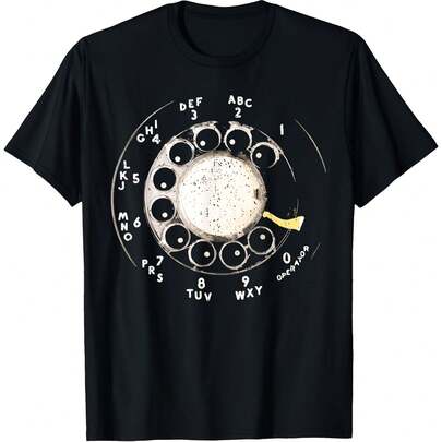 T-shirt graphique vintage à cadran de téléphone rotatif - Design rétro années 80-90 épais avec chiffres de téléphone rotatif de 0 à 9. Impression par transfert à chaud résistante. Coupe confortable. Manches courtes. Col rond.