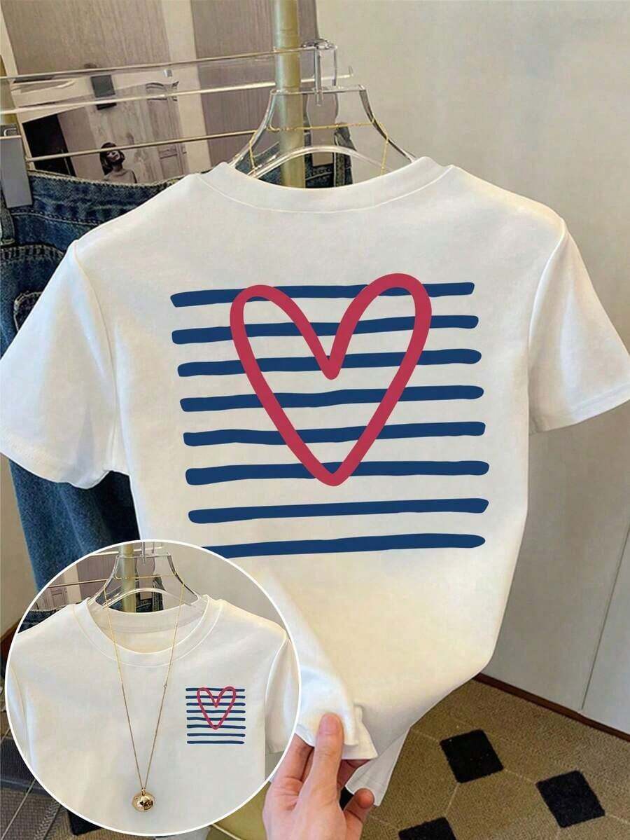 Niche Design Resyla Women's Loose Fit Short Sleeve White T-Shirt, Floral White And Blue, Summer, Casual, City Break, Retro Preppy Style With Red And Blue Stripes And Co Print - 白色 2 - 查看 1