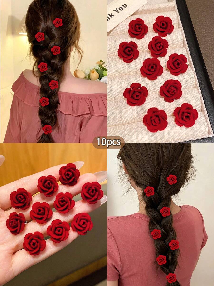 10 件装红色花朵发夹，甜美时尚发饰 - 紅色 - 查看 1
