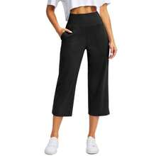 Pantalones elásticos de cintura alta 3/4 para mujer, pantalones capri informales de ajuste activo, pantalones con bolsillos, pantalones deportivos informales de color sólido - Negro - Ver 3