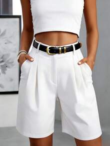 Women's Pleated Pocket Casual Midi Shorts White Summer - White - View 1
