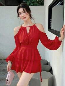 Vestido casual de mujer de unicolor elegante con mangas farol y hombros descubiertos - Negro - Ver 8