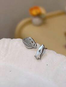1 Đôi bông tai đinh tán hình tên lửa và ngôi sao bất đối xứng màu bạc, thiết kế tối giản, trang sức thép không gỉ, unisex, phong cách tối giản hàng ngày. - Bạc - Xem 8