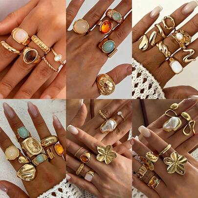 Juego de 7/6/5/1 anillos de mujer de estilo bohemio vintage elegante con volantes asimétricos, piedras preciosas multicolor, ojo de gato, girasol y forma de corazón, adecuado para la vida diaria, fiestas, bodas, vacaciones, San Valentín, citas, regalos (entrega aleatoria), verano, joyería