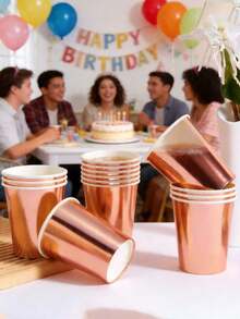 10/25pcs Rose Gold Theme Paper Cups, Beverage Cups And Coffee Cups, Suitable For Birthday Party, Family Gathering, Picnic And Party Decoration, Tableware, Holiday Design, Fashionable Party Supplies, - Multicolor - View 9