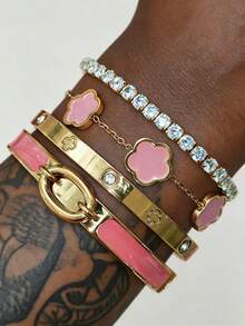 1/4pcs Stainless Steel 18K Gold Plated Colorful Dopamine Clover Bangle Bracelet Set, Suitable For Women Music Festival Wear, Personalized Jewelry Set, Waterproof & Fade-Resistant - Bracelet Set - View 2
