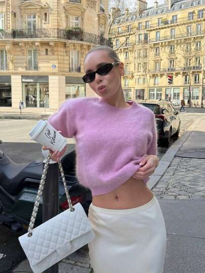 New Summer Women Knit Short Sleeve Top, Casual Minimalist Style Solid Pink Round Neck Pullover, Suitable For Daily Wear And Commuting