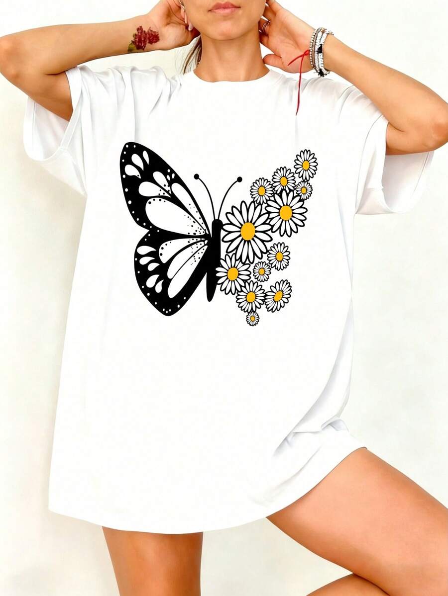 Camiseta Oversize Blanca Mariposa con Flores de Manzanilla para Verano - Blanco - Ver 1