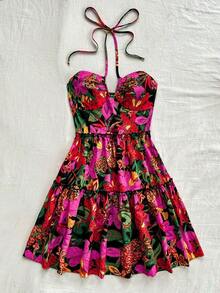Women's Vacation Style Front Cut Out Tie Neck Ruffle Hem Decor Black Background Colorful Tropical Flower & Fruit Print Wedding, Beach, Music Festival, Summer Bohemian Party Dress - Multicolor - View 5
