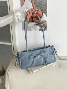 1pc Vintage Large Capacity Tote Bag, Commuter Oversized Underarm Bag, Fashion Motorcycle Handbag, PU Denim Texture, Strap Decor, Zipper Closure, Women's Shoulder Bag For Work/School/Travel/Shopping/Business, Suitable For Daily Use - Sky Blue - View 6