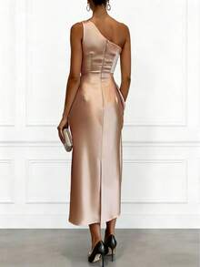 Elegant Spring/Summer Satin Off Shoulder Mid-Length Party Dress, Women's Solid Color Pleated Formal Gown For Wedding Guest, Mother's Day - Champagne - View 3