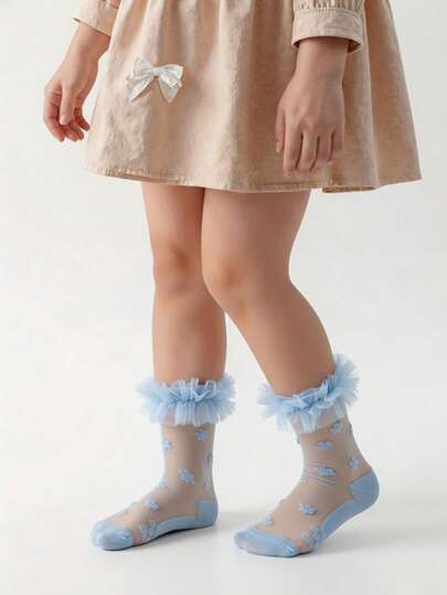 1 Pair Of New Spring/Summer Style Blue/White Thin Girls' Lace Socks, Solid Color, Super Fashionable And Breathable.