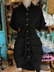 Vestido camisero de mujer de unicolor, con un solo abotonado, nudo y pliegues, para uso casual, de fiesta o de viaje - Negro - Ver 6
