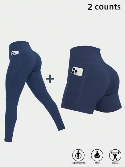 Bộ 2 món gồm quần legging và quần short cạp cao có túi, đồ thể thao.