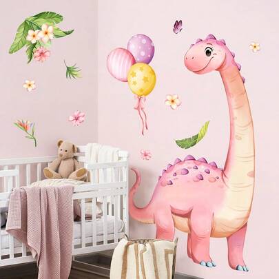 Pink Green Dinosaur Balloon Wall Stickers Jungle Animal Dino Flower Wall Decals For Bedroom Playroom Classroom Home Wall Decor